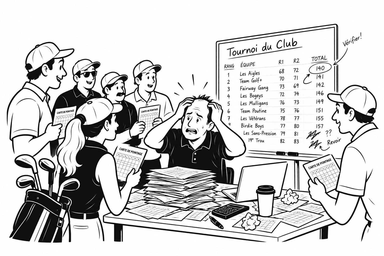 Organisateur de tournoi débordé, entouré de golfeurs avec des cartes de pointage papier et un tableau blanc manuscrit