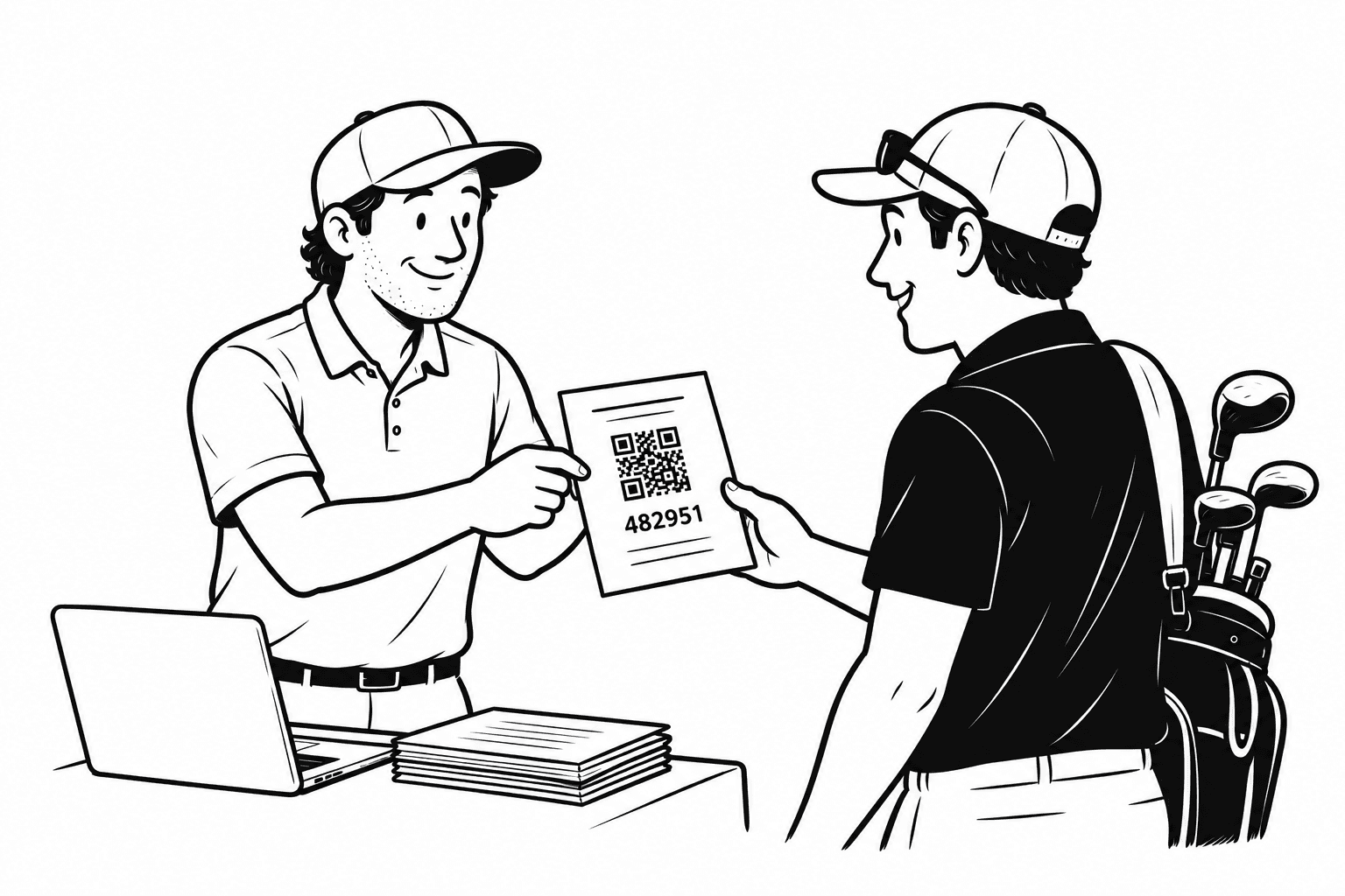 Organisateur remettant à un golfeur une feuille d’accès avec un code QR